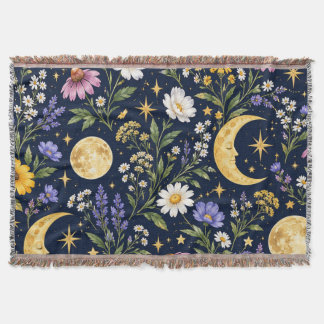 Celestial Moon & Wildflower Botanical Seamless  Throw Blanket