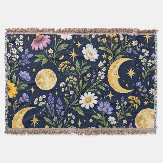 Celestial Moon & Wildflower Botanical Seamless  Throw Blanket (Front)