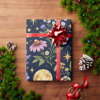 Celestial Moon & Wildflower Botanical Seamless  Wrapping Paper