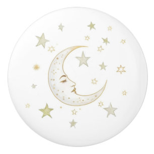 Celestial Moon with Face & Stars Gold Silver White Ceramic Knob