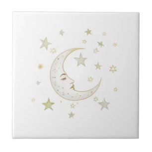 Celestial Moon with Face & Stars Gold Silver White Ceramic Tile