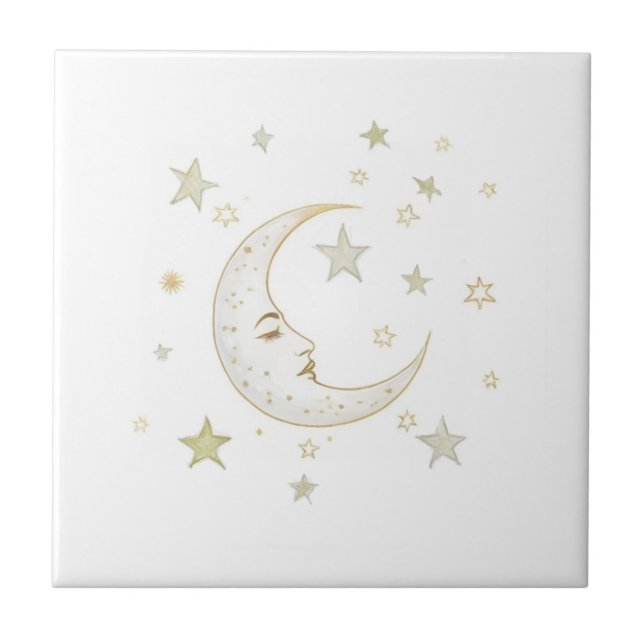Celestial Moon with Face & Stars Gold Silver White Ceramic Tile (Front)