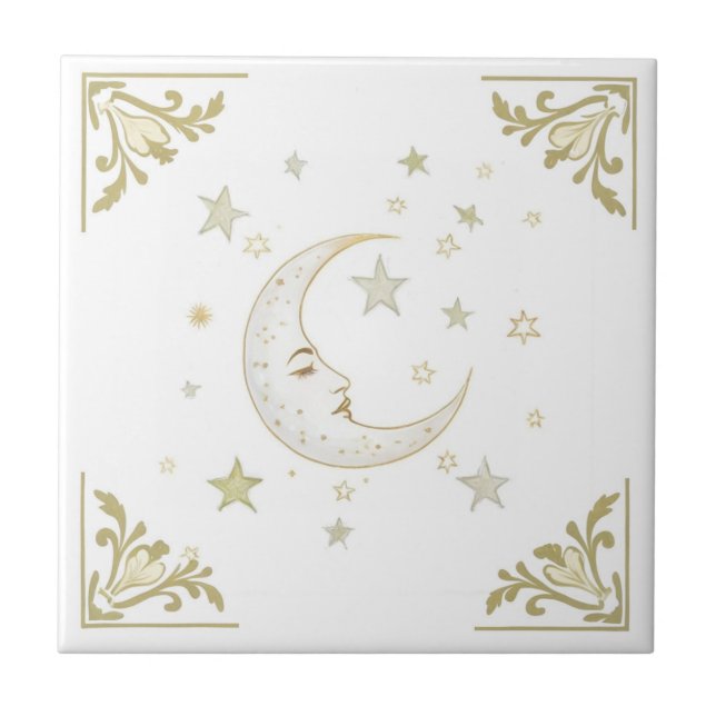 Celestial Moon with Face & Stars Gold White Delft Ceramic Tile (Front)