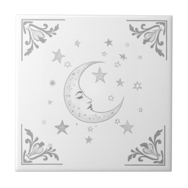 Celestial Moon with Face & Stars Silver and White Ceramic Tile (Front)