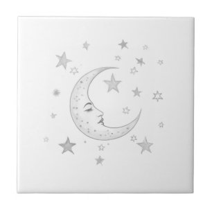 Celestial Moon with Face & Stars Silver and White Ceramic Tile