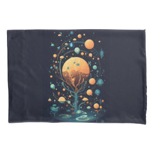 Celestial Moons and Clouds Tree Black and Orange Pillowcase