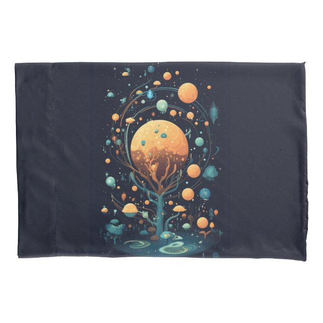 Celestial Moons and Clouds Tree Black and Orange Pillowcase (Front-Left)