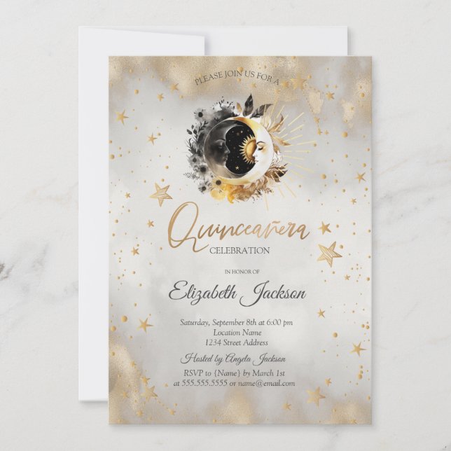 Celestial Moons,Stars Flower Quinceanera Invitation (Front)