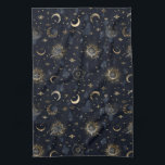 Celestial Moons & Stars Tea Towel<br><div class="desc">A little cosmic magic with this gold-on-navy celestial pattern. Featuring crescent moons,  radiant suns,  and shimmering stars,  this design is perfect for tarot lovers,  stargazers,  and dreamers.</div>