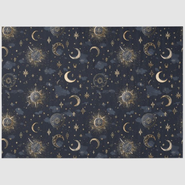 Celestial Moons & Stars Wrapping Paper Gold/Navy (Front)