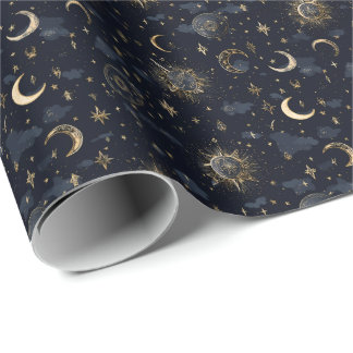 Celestial Moons & Stars Wrapping Paper Gold/Navy