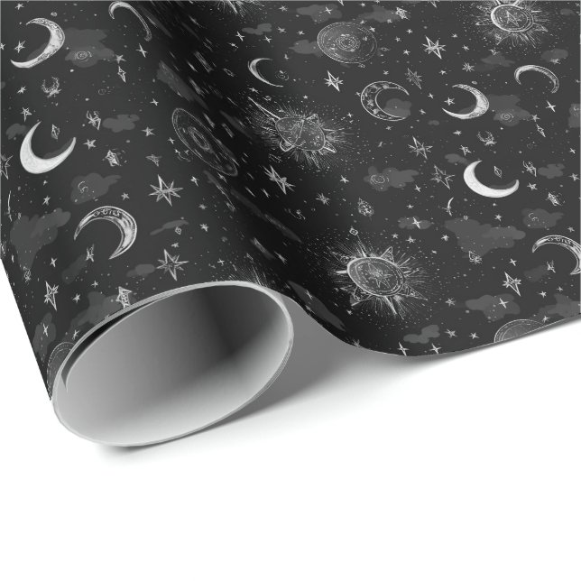 Celestial Moons & Stars Wrapping Paper Monochrome (Roll Corner)
