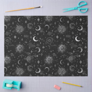 Celestial Moons & Stars Wrapping Paper Monochrome