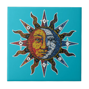Celestial Mosaic Sun and Moon Tile