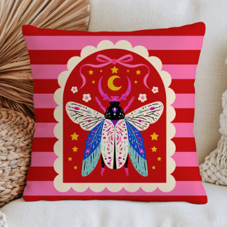 Celestial Moth on Pink& Red Stripes Maximalist Cushion