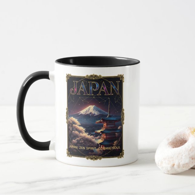 Celestial Mount Fuji Japan Pagoda Travel Art Mug (With Donut)