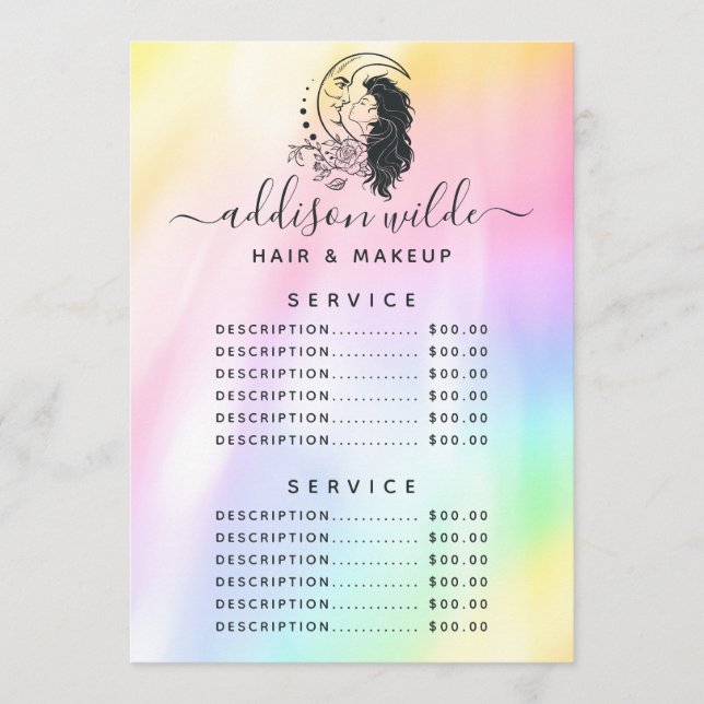 Celestial Mystic Moon Goddess Price List Menu (Front)