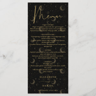 Celestial Mystical Black And Gold Wedding Dinner Menu