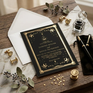 Celestial Mystical Moon Star Forest Green Wedding Invitation