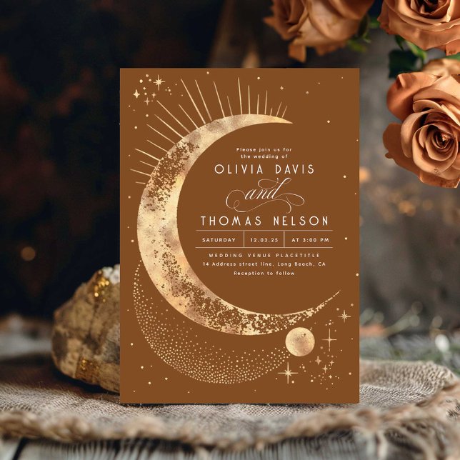 Celestial Mystical Moon Starry Night Boho Wedding Invitation (Terracotta Celestial Wedding Invitation)