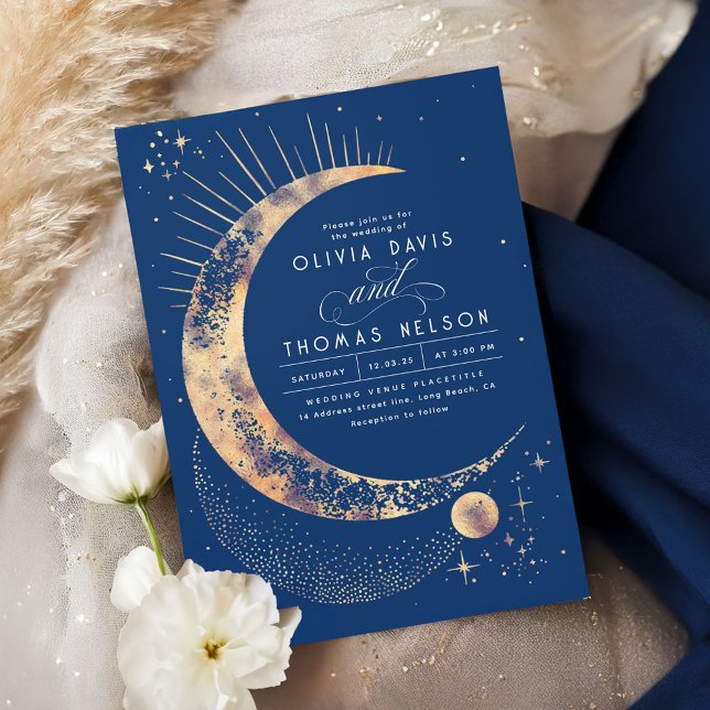 Celestial Mystical Moon Starry Night Boho Wedding Invitation (Navy Blue and Gold Stars Wedding Invitation)