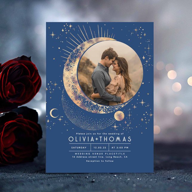 Celestial Mystical Moon Starry Night Wedding Photo Invitation (Navy Blue Celestial Wedding Photo Invitation)