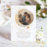 Celestial Mystical Moon Starry Night Wedding Photo Invitation<br><div class="desc">This wedding invitation intricately weaves the tale of your union beneath the vast expanse of the cosmos, apt for themes like "Under the Stars, " "Written in the Stars, " or "To the Moon and Back." It presents a stunning visual of the night sky, framing your photo against a celestial...</div>