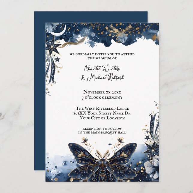 Celestial Navy Blue and Gold Moth Romantic Wedding Invitation (Front/Back)