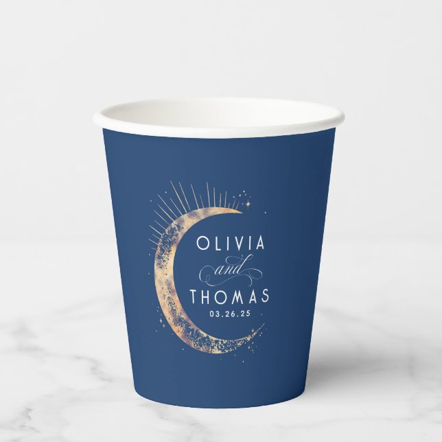 Celestial Navy Blue and Gold Mystical Wedding Paper Cups (Front)