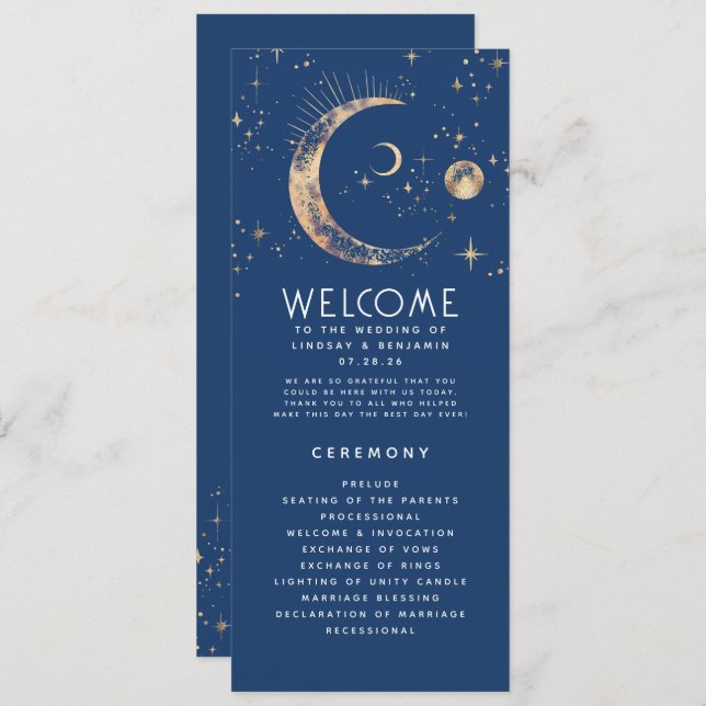 Celestial Navy Blue and Gold Wedding Programs (Front/Back)