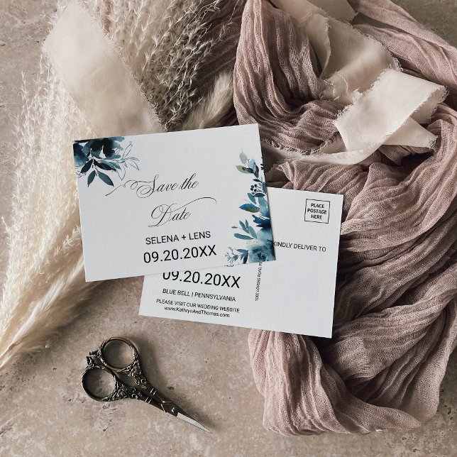 Celestial Navy Blue Floral Save the Date Card (Creator Uploaded)