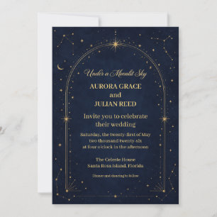 Celestial Navy Blue Gold Moon Wedding Invitation