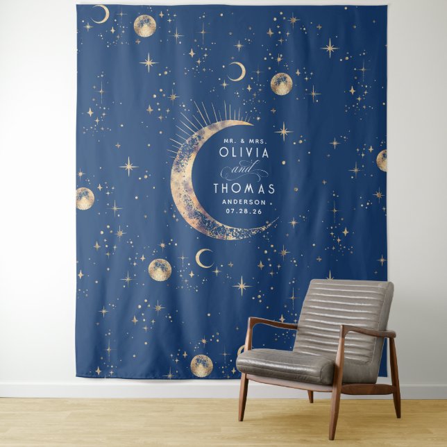 Celestial Navy Blue Gold Mystical Wedding Backdrop Tapestry (In Situ)
