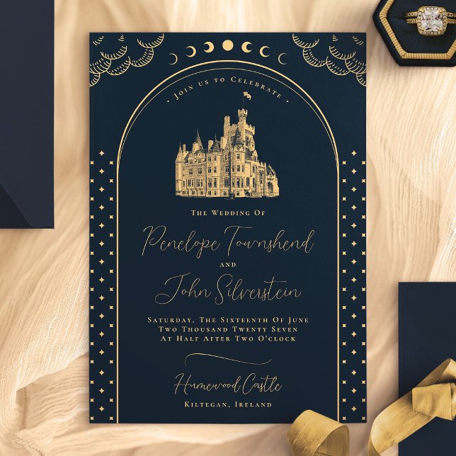 Celestial Navy Blue Gold Vintage Castle Wedding Invitation (Celestial Navy Blue Gold Vintage Castle Wedding Invitation)