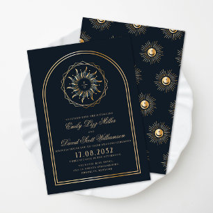 Celestial Navy Blue Golden Monogram Boho Invitation