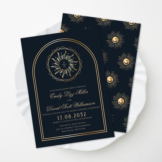 Celestial Navy Blue Golden Monogram Boho  Invitation (Creator Uploaded)