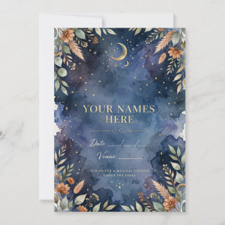 Celestial Navy Blue Moon and Stars Wedding Invitat Holiday Card