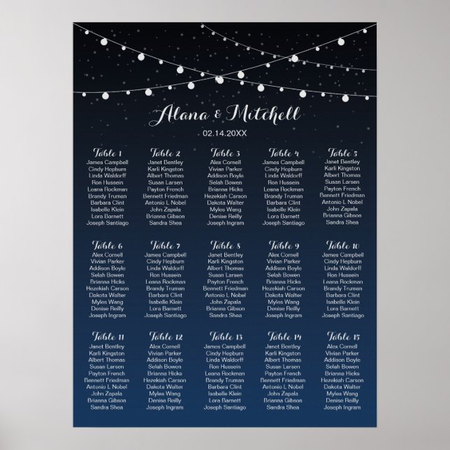 Celestial Navy Blue Stars Wedding Seating Chart (Front)