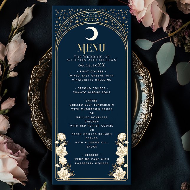 Celestial Navy Elegant Arch Art Nouveau Wedding Menu (Creator Uploaded)