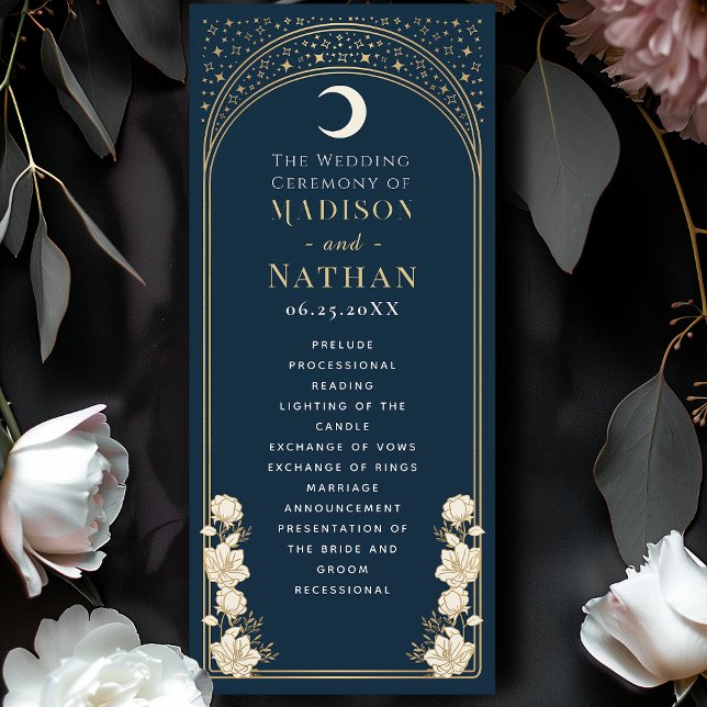 Celestial Navy Elegant Arch Art Nouveau Wedding Program (Creator Uploaded)