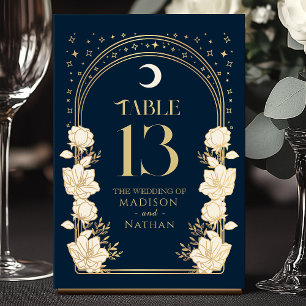 Celestial Navy Elegant Arch Art Nouveau Wedding Table Number