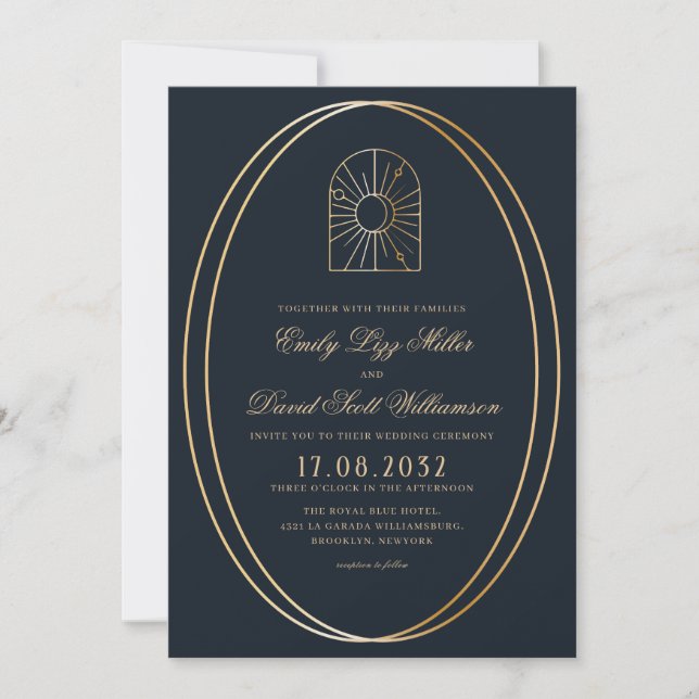 Celestial Navy Gold Arch Monogram Invitation (Front)