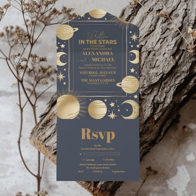 Celestial Navy Gold Crescent Moon Wedding All In One Invitation (Creator Uploaded)
