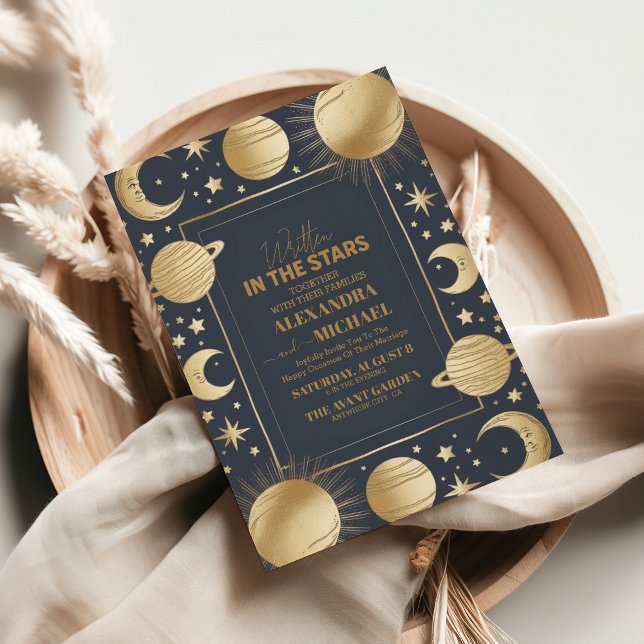 Celestial Navy Gold Crescent Moon Wedding Invitation (Creator Uploaded)