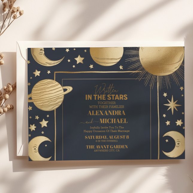 Celestial Navy Gold Crescent Moon Wedding Invitation (Creator Uploaded)