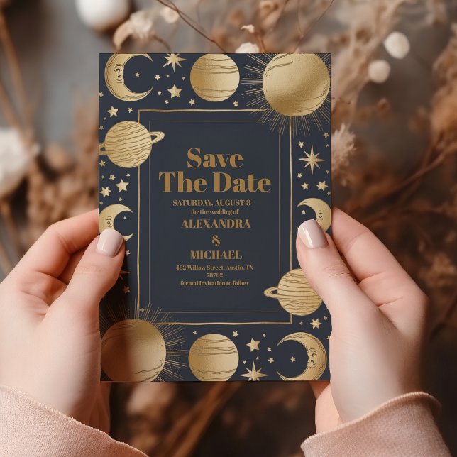 Celestial Navy Gold Crescent Moon Wedding Save The Date (Creator Uploaded)