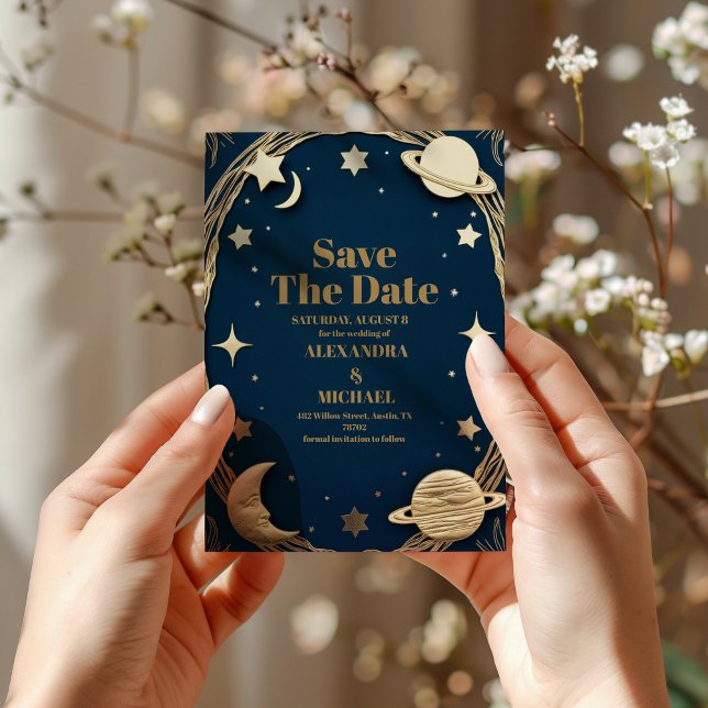 Celestial Navy Gold Crescent Moon Wedding Save The Date (Creator Uploaded)
