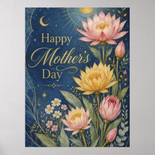 Celestial Navy Gold Lotus Botanical Poster