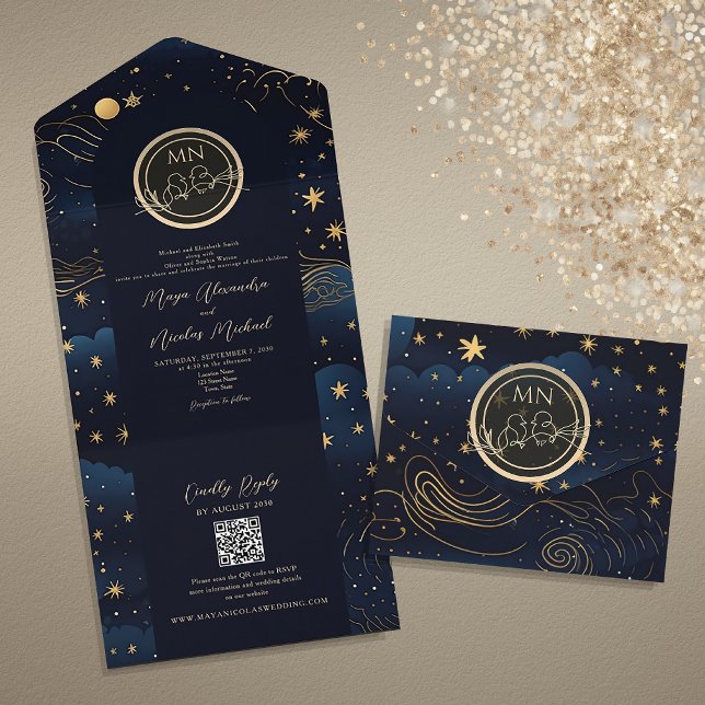 Celestial Navy Gold QR Code Wedding All In One Invitation (Creator Uploaded)