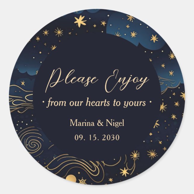 Celestial Navy Gold Wedding Favor Classic Round Sticker (Front)
